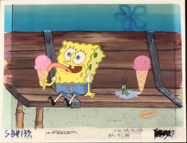SpongeBob Ice Cream Background Cel Animation Original: This animation cel and reproduction background are from the Nickelodeon TV show SpongeBob Squarepants. The story takes place under the deep blue sea in Bikini Bottom, where Sponge