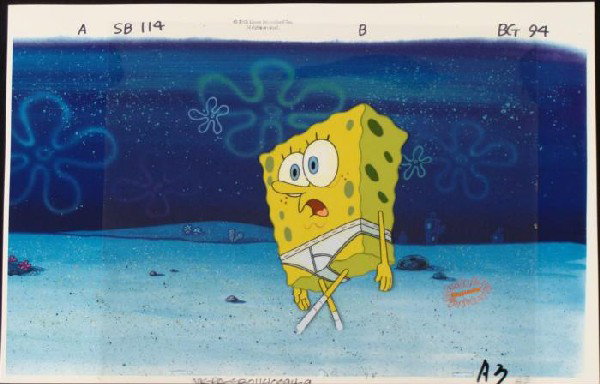 Original Underwear Production Cel Background SpongeBob: This animation cel and reproduction background are from the Nickelodeon TV show SpongeBob Squarepants. The story takes place under the deep blue sea in Bikini Bottom, where Sponge