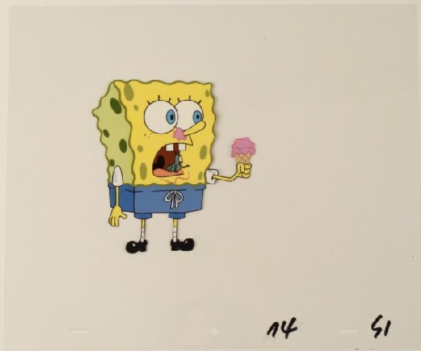 Production Cel SpongeBob Original Plankton In Mouth Art: This original animation cel is from the Nickelodeon TV show SpongeBob Squarepants. The story takes place under the deep blue sea in Bikini Bottom, where SpongeBob resides. Sp