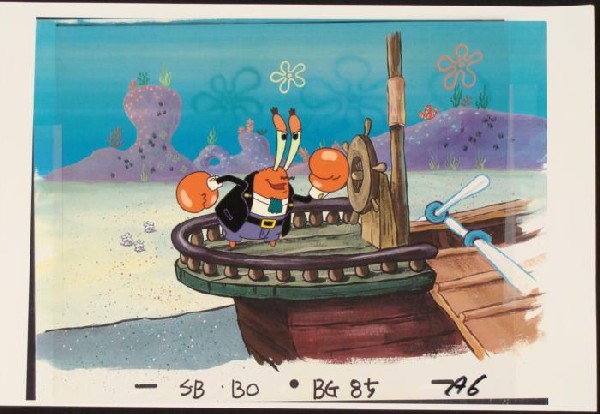 Capt Krabs Animation Cel Original SpongeBob Background: This animation cel and reproduction background are from the Nickelodeon TV show SpongeBob Squarepants. The story takes place under the deep blue sea in Bikini Bottom, where Sponge
