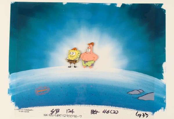Original Production Hard Hats SpongeBob Background Cel: This animation cel and reproduction background are from the Nickelodeon TV show SpongeBob Squarepants. The story takes place under the deep blue sea in Bikini Bottom, where Sponge