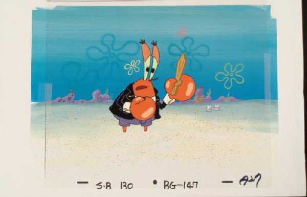 Cel Sad Krab Original SpongeBob Background Production: This animation cel and reproduction background are from the Nickelodeon TV show SpongeBob Squarepants. The story takes place under the deep blue sea in Bikini Bottom, wh