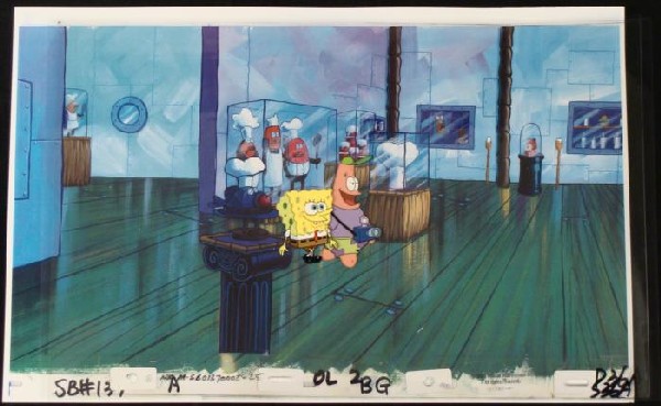 Animation Original Cel SpongeBob Background Art Camera: This animation cel and reproduction background are from the Nickelodeon TV show SpongeBob Squarepants. The story takes place under the deep blue sea in Bikini Bottom, where Sponge