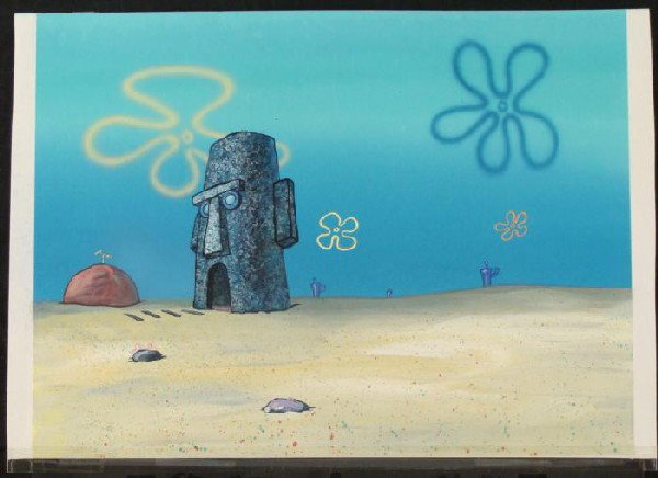 Background Houses Production SpongeBob Original Art: This original hand-painted background from the Nickelodeon TV show SpongeBob Squarepants. The story takes place under the deep blue sea in Bikini Bottom, where SpongeBob resi