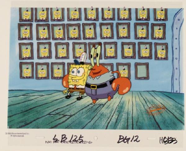 Month Original Job SpongeBob Cel Background Production: This animation cel and reproduction background are from the Nickelodeon TV show SpongeBob Squarepants. The story takes place under the deep blue sea in Bikini Bottom, where Sponge