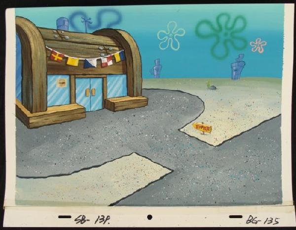 Front Entrance Background Original Animation Spongebob: This original hand-painted background from the Nickelodeon TV show SpongeBob Squarepants. The story takes place under the deep blue sea in Bikini Bottom, where SpongeBob resi