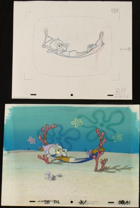 Hammock Orig SpongeBob Animation Background Cel Drawing: This original hand-painted background, animation cel, and drawing are from the Nickelodeon TV show SpongeBob Squarepants. The story takes place under the deep blue sea in Bikini B