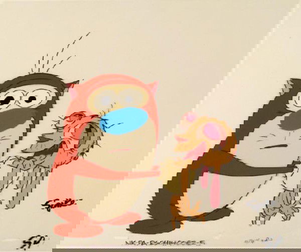 Ren and Stimpy What Can I Do Original Animation Cel: This is an original production animation cel from the Nickelodeon TV show Ren & Stimpy. The show follows two characters - Ren, a crazy Chihuahua - and - Stimpy, an incredibly stupid