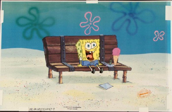 Original SpongeBob Animation Cel Background Park Bench: This animation cel and reproduction background are from the Nickelodeon TV show SpongeBob Squarepants. The story takes place under the deep blue sea in Bikini Bottom, where Sponge