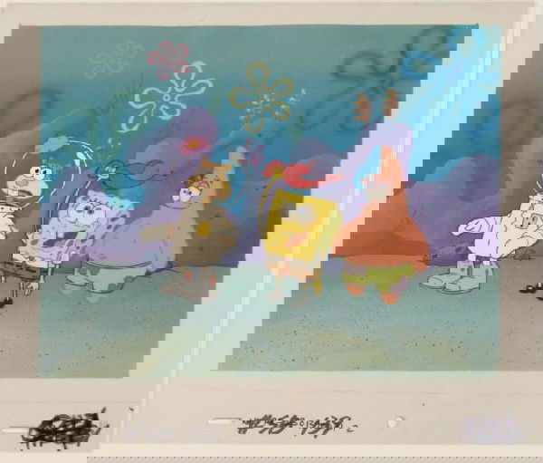 Original SpongeBob Background Cel Animation Red Cloth: This animation cel and reproduction background are from the Nickelodeon TV show SpongeBob Squarepants. The story takes place under the deep blue sea in Bikini Bottom, where Sponge