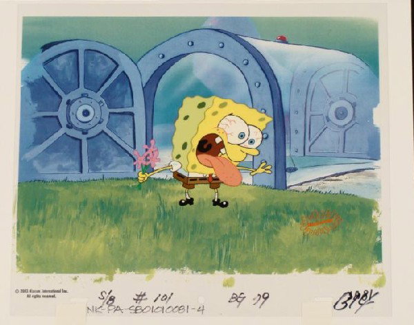 SpongeBob Cant Breath Original Animation Cel Background: This animation cel and reproduction background are from the Nickelodeon TV show SpongeBob Squarepants. The story takes place under the deep blue sea in Bikini Bottom, where Sponge