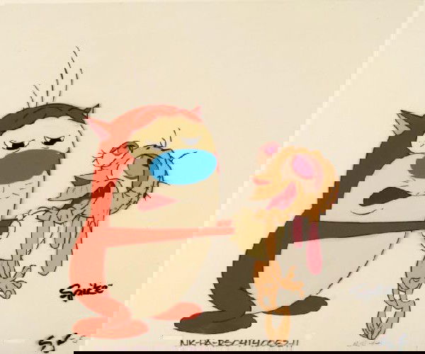 Original Cant Fight It Cel Ren and Stimpy Production: This is an original production animation cel from the Nickelodeon TV show Ren & Stimpy. The show follows two characters - Ren, a crazy Chihuahua - and - Stimpy, an incredibly stupid