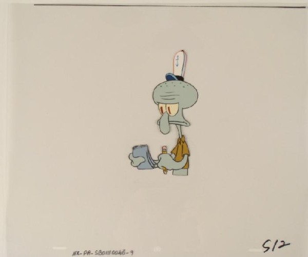 Animation Cel Squidward Writing Original SpongeBob Art: This original animation cel is from the Nickelodeon TV show SpongeBob Squarepants. The story takes place under the deep blue sea in Bikini Bottom, where SpongeBob resides. Sp