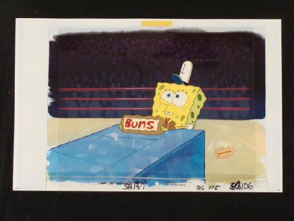 Cel Original SpongeBob Buns Animation Background Art: This animation cel and reproduction background are from the Nickelodeon TV show SpongeBob Squarepants. The story takes place under the deep blue sea in Bikini Bottom, wh