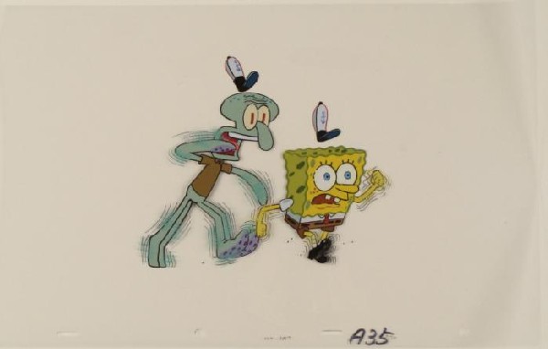 Moving Fast Squidward Original SpongeBob Animation Cel: This original animation cel is from the Nickelodeon TV show SpongeBob Squarepants. The story takes place under the deep blue sea in Bikini Bottom, where SpongeBob resides. Sp