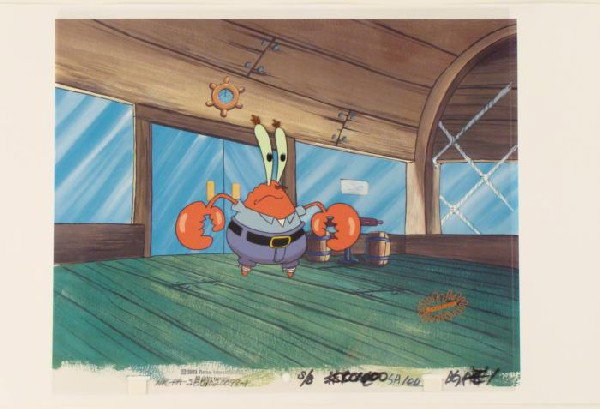 Art Cel SpongeBob Original Animation Bedroom Background: This original hand-painted background and animation cel are from the Nickelodeon TV show SpongeBob Squarepants. The story takes place under the deep blue sea in Bikini B