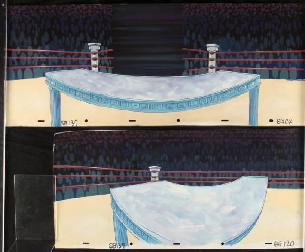 2 SpongeBob Wrestling Rink Original Animation Paintings: These original hand-painted backgrounds are from the Nickelodeon TV show SpongeBob Squarepants. The story takes place under the deep blue sea in Bikini Bottom, where Spo