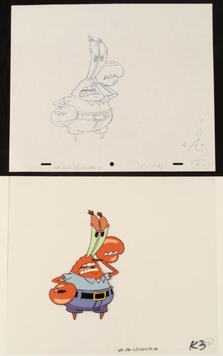 Cel Drawing Irritated Krab Original SpongeBob Animation: This original animation cel is from the Nickelodeon TV show SpongeBob Squarepants. The story takes place under the deep blue sea in Bikini Bottom, where SpongeBob resides. Sp