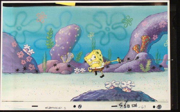 SpongeBob Original Production Cel Pulling Background: This animation cel and reproduction background are from the Nickelodeon TV show SpongeBob Squarepants. The story takes place under the deep blue sea in Bikini Bottom, where Sponge