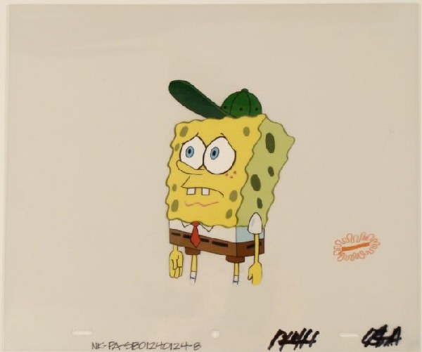 Cel SpongeBob Nervous Art Looking Original Production: This original animation cel is from the Nickelodeon TV show SpongeBob Squarepants. The story takes place under the deep blue sea in Bikini Bottom, where SpongeBob resides. Sp