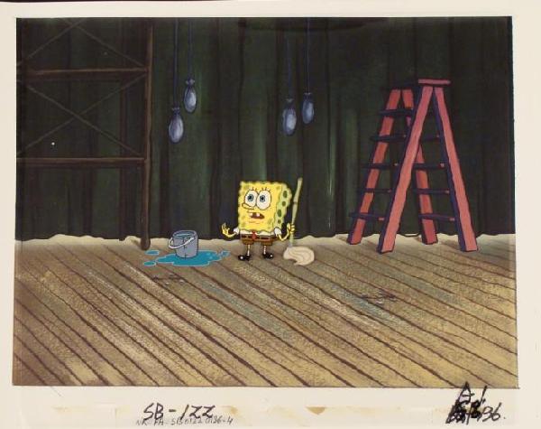 Production Background SpongeBob Cel Original Mop Art: This animation cel and reproduction background are from the Nickelodeon TV show SpongeBob Squarepants. The story takes place under the deep blue sea in Bikini Bottom, where Sponge