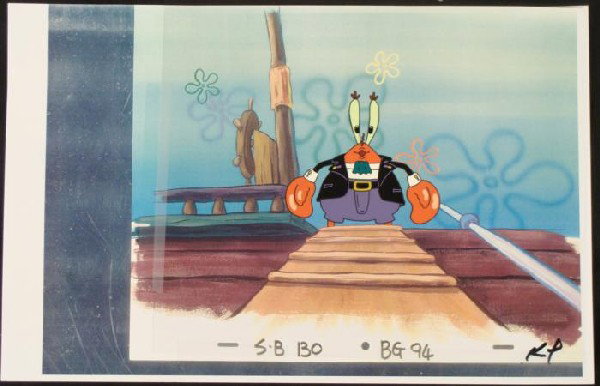 Come Aboard Background Original SpongeBob Animation Cel: This animation cel and reproduction background are from the Nickelodeon TV show SpongeBob Squarepants. The story takes place under the deep blue sea in Bikini Bottom, where Sponge