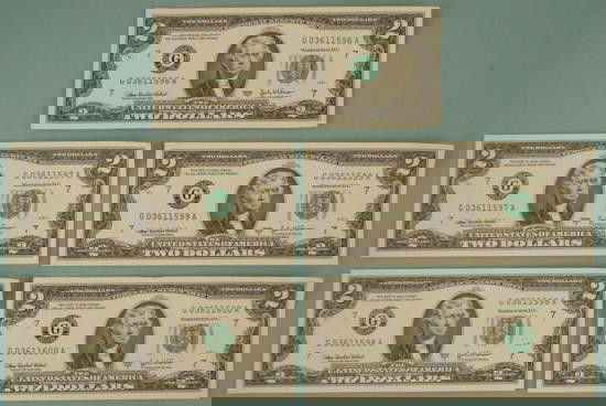5 Consec Number G 2003-A $2 Notes $2 Bills Notes CU: (5) $2 Two Dollar Notes, all with consecutive serial numbers Mint mark: G (Chicago)Condition: Crisp UncirculatedSerial numbers will be different from those shown