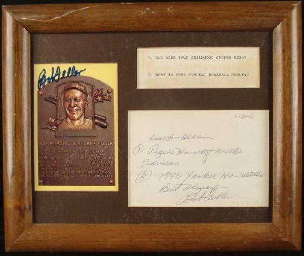 Bob Feller Signed Card, Personal Letter Framed: This unique Bob Feller presentation includes a signed card, and hand-written letter. The letter is in response to two questions sent to Bob from a young fan, as shown. A 4 x 5 1/2 inch portion of Fell