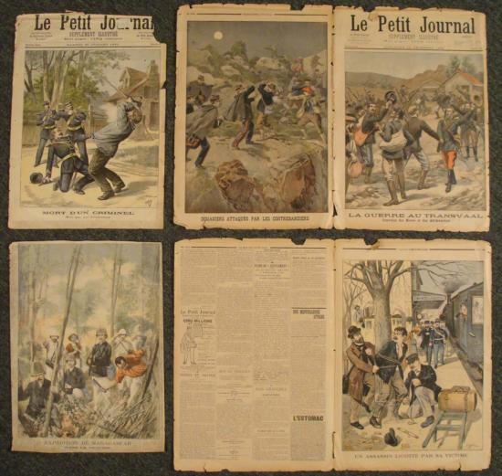 5 Antique Prints Petit Journal French Newspaper Africa: These prints are from the French illustrated newspaper supplement Le Petit Journal. They portray some engaging scenes, and some are covers. All are color engravings on newspaper, with some nice detail