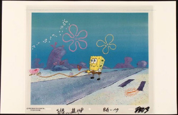 Stick Back Original SpongeBob Cel Background Animation: This animation cel and reproduction background are from the Nickelodeon TV show SpongeBob Squarepants. The story takes place under the deep blue sea in Bikini Bottom, where Sponge