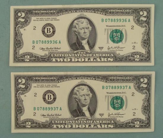 2 Consec # CU $2 2003 A Bills Notes B Mint New York: (2) 2003-A $2 Bills with consecutive serial numbers Mint mark: B (New York) Grade: Crisp Uncirculated Serial numbers will be different from those shown