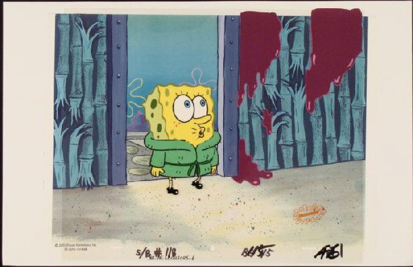 Background Green Robe Original Cel Animation SpongeBob: This animation cel and reproduction background are from the Nickelodeon TV show SpongeBob Squarepants. The story takes place under the deep blue sea in Bikini Bottom, where Sponge