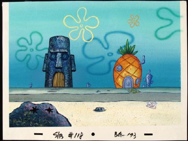 Production Background Original Houses SpongeBob Art: This original hand-painted background from the Nickelodeon TV show SpongeBob Squarepants. The story takes place under the deep blue sea in Bikini Bottom, where SpongeBob resi