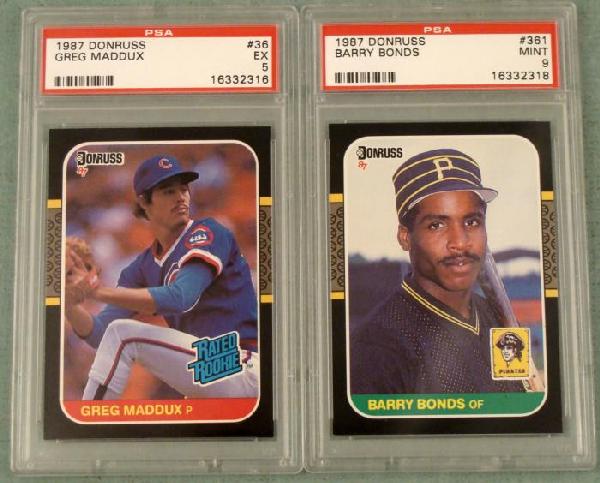 1987 Greg Maddux and Barry Bonds MINT Baseball Cards: 1987 Greg Maddux & Barry Bonds MINT Baseball Trading Cards Donruss These baseball cards are in MINT condition in a Professional Sports Authenticator case. These baseball cards are from Donruss The