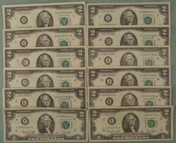 12 Diff Mint Marks A-L $2 dollar Bills 1976 Notes: (12) 1976 $2 Bills, all with different Mint Marks Mint Marks: A, B, C, D, E, F, G, H, I, J, K, L Condition details: All nice bills, some uncirculated