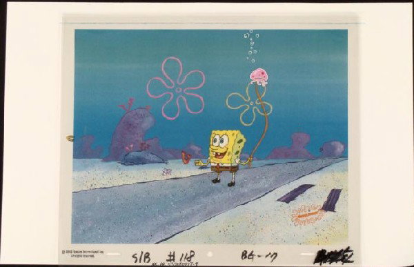 Production Background Cel Original SpongeBob Art Stick: This animation cel and reproduction background are from the Nickelodeon TV show SpongeBob Squarepants. The story takes place under the deep blue sea in Bikini Bottom, where Sponge