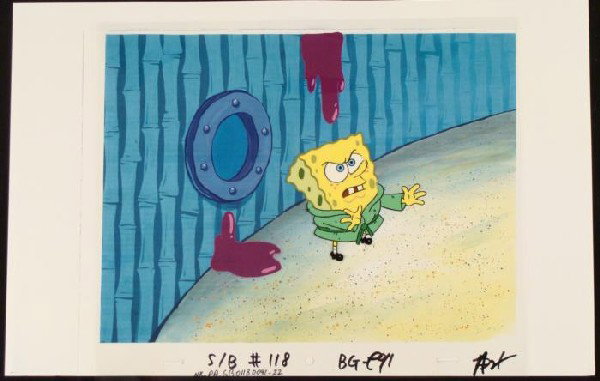 Animation Cel Original Not Happy SpongeBob Background: This animation cel and reproduction background are from the Nickelodeon TV show SpongeBob Squarepants. The story takes place under the deep blue sea in Bikini Bottom, where Sponge