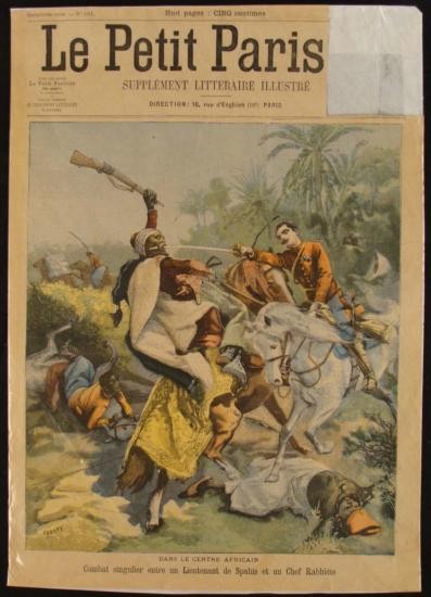 Antique Print Petit Journal French Newspaper Africa: This print is from the cover of the French illustrated newspaper supplement Le Petit Journal. It portrays a graphic scene of the French military engaged in a fight with an African tribe. This is a col