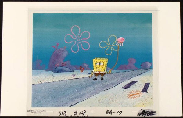Background Cel Original SpongeBob Outside Animation Art: This animation cel and reproduction background are from the Nickelodeon TV show SpongeBob Squarepants. The story takes place under the deep blue sea in Bikini Bottom, where Sponge