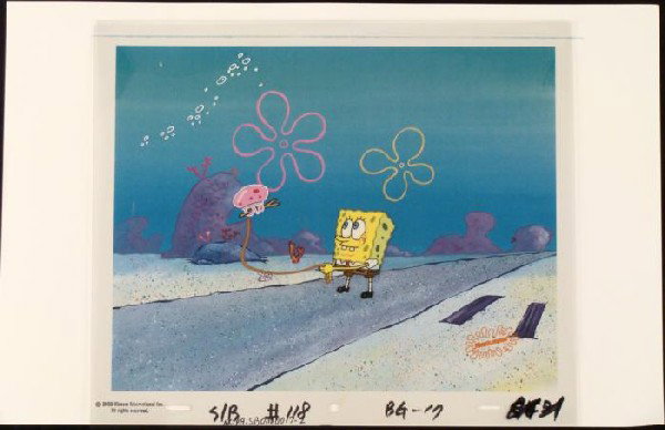 Production Pet Fish Original Cel Background SpongeBob: This animation cel and reproduction background are from the Nickelodeon TV show SpongeBob Squarepants. The story takes place under the deep blue sea in Bikini Bottom, where Sponge