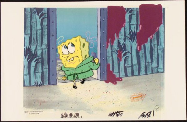 Production Scared SpongeBob Original Cel Background Art: This animation cel and reproduction background are from the Nickelodeon TV show SpongeBob Squarepants. The story takes place under the deep blue sea in Bikini Bottom, where Sponge