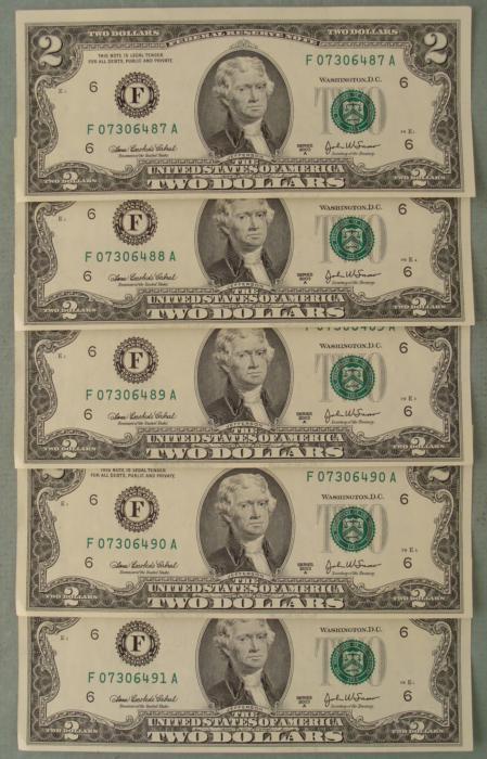5 Consec # 2003A $2 F Notes Two Dollar Bills Atlanta CU: (5) 2003-A $2 Notes, all with consecutive serial numbersMint mark: F (Atlanta) Grade: Crisp Uncirculated