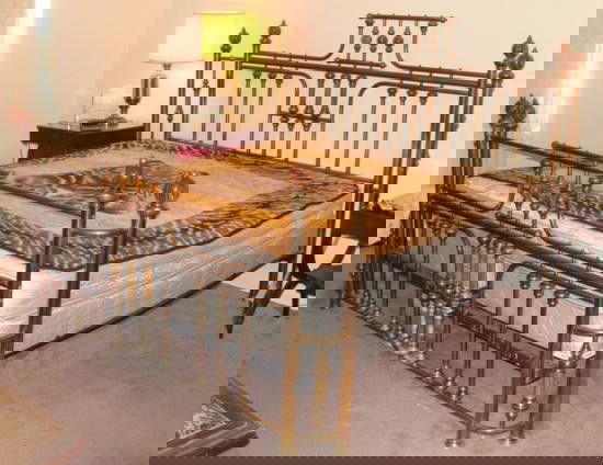 Vintage Brass & Marble Poster Bed King Size Frame: This is a vintage king size brass bed with marble fittings. It is in used but very good condition. The brass frame has a burnished finish. Portions of the brass surface are darkened from age, so it co