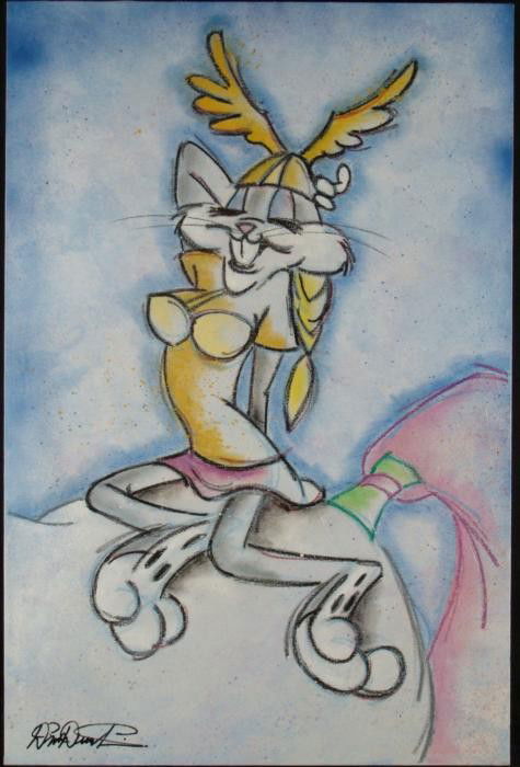 Dick Duerrstein Orig Painting Bugs Bunny Lady Pop Art: Here's Bugs Bunny dressed as a lady, ready for the opera. This humorous original painting is done by artist Dick Duerrstein, with a fun Pop Art style. Medium: Acrylic paint on stretched canvas Signat