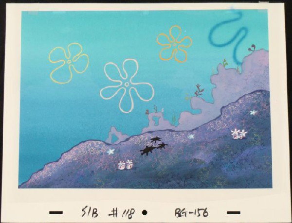 Rocks Hill Original SpongeBob Animation Art Background: This original hand-painted background from the Nickelodeon TV show SpongeBob Squarepants. The story takes place under the deep blue sea in Bikini Bottom, where SpongeBob resi