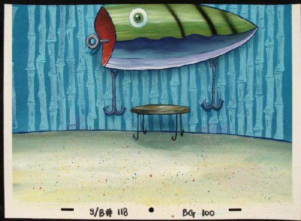 Background Fish Hook SpongeBob Art Original Animation: This original hand-painted background from the Nickelodeon TV show SpongeBob Squarepants. The story takes place under the deep blue sea in Bikini Bottom, where SpongeBob resi