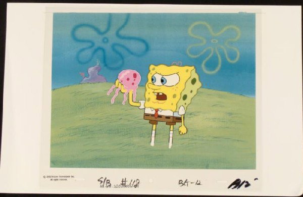 SpongeBob Animation Why Hold Original Cel Background: This animation cel and reproduction background are from the Nickelodeon TV show SpongeBob Squarepants. The story takes place under the deep blue sea in Bikini Bottom, where Sponge