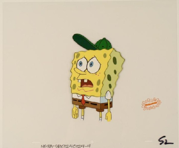 SpongeBob With Green Hat Cel Production Art Original: This original animation cel is from the Nickelodeon TV show SpongeBob Squarepants. The story takes place under the deep blue sea in Bikini Bottom, where SpongeBob resides. Sp