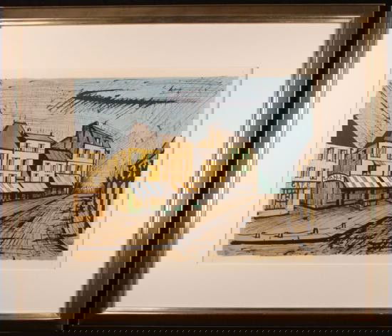 FRAMED Bernard Buffet Print UNTITLED Lithograph Ltd Ed: Shown here is an original, limited edition lithograph by renowned 20th century artist, Bernard Buffet. This untitled print displays Buffet's characteristic graphic view of the world complete with vibr