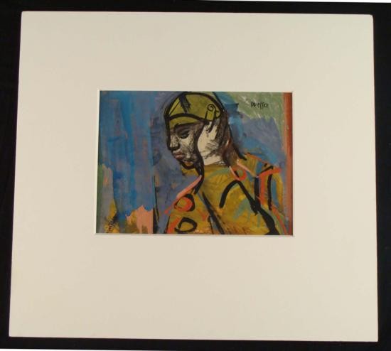 Presser Signed Original Mixed Media Man Holding His Ear: This is an original mixed media work by Josef Presser. The subject here is a man holding his ear. The colors and forms are abstract, and focal point is white. Artist: Josef Presser Title: "Man Holding